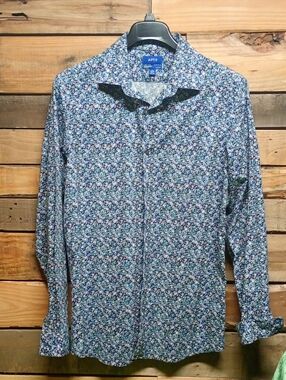 Apt. 9 Men's Navy and Light Blue Micro Floral Button-Down Premier Flex Sz L